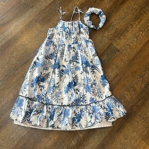 Floral Blue and White Kids Dress with Headband